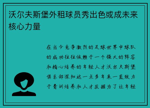 沃尔夫斯堡外租球员秀出色或成未来核心力量